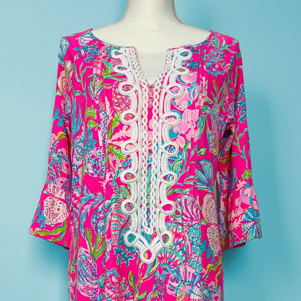 Lilly Pulitzer Pink Floral Print Midi Dress with White Trim